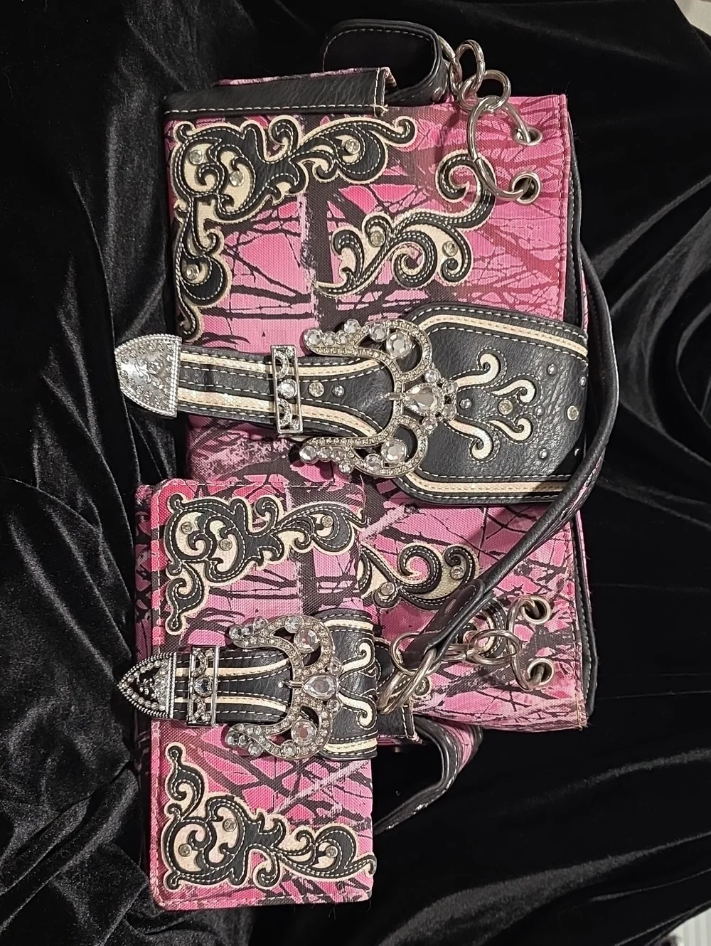 Embellished Pink Camo Western-Style Concealed Carry Handbag and Wallet Set